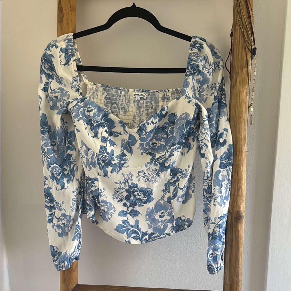 Reformation White and Blue Ruffled Blouse